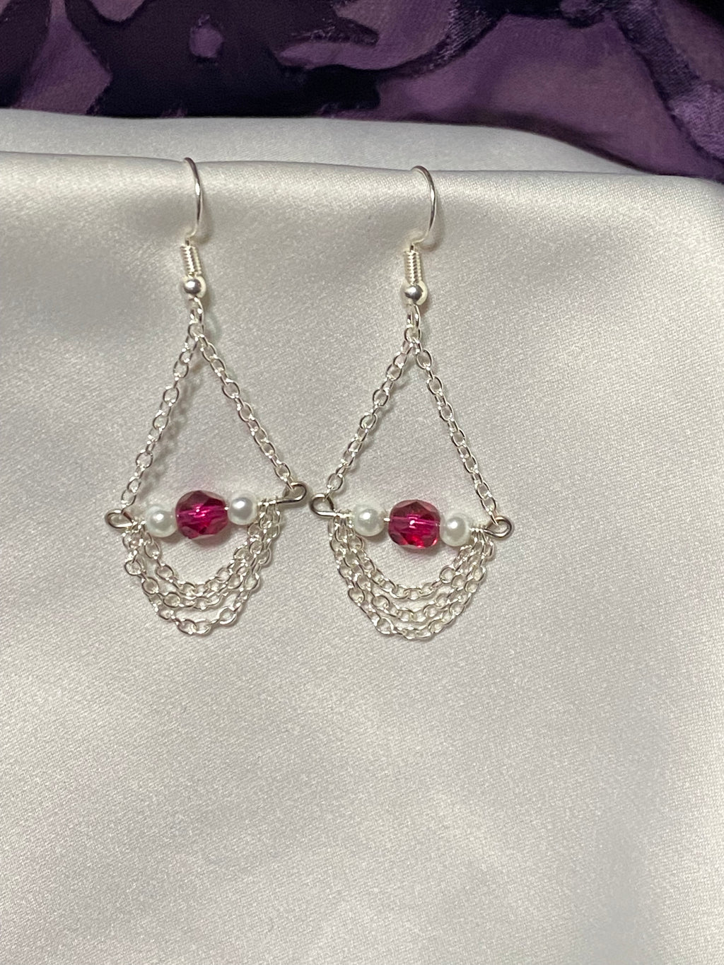 Magenta bead and chain earrings