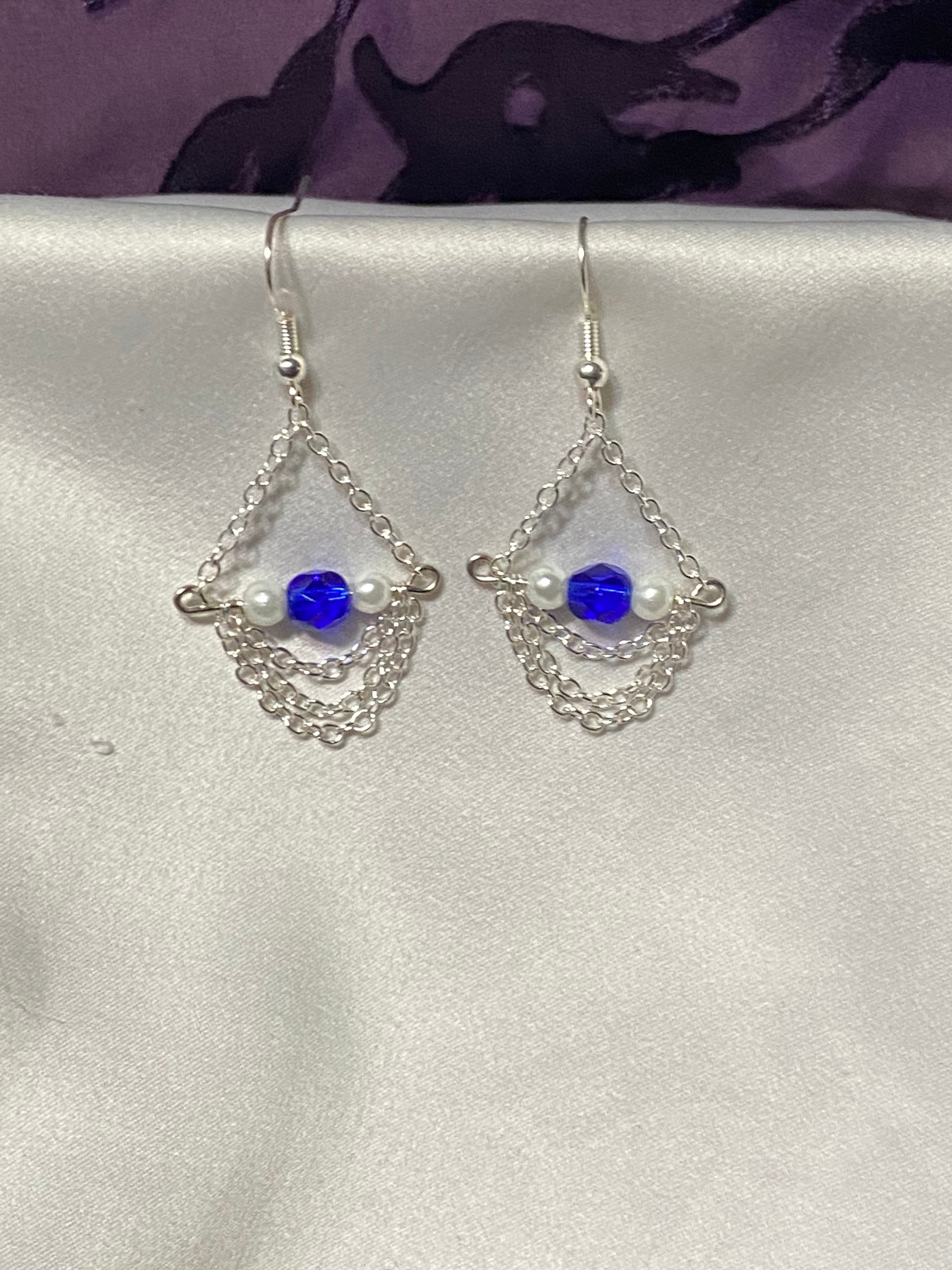 Blue bead and silver chain earrings