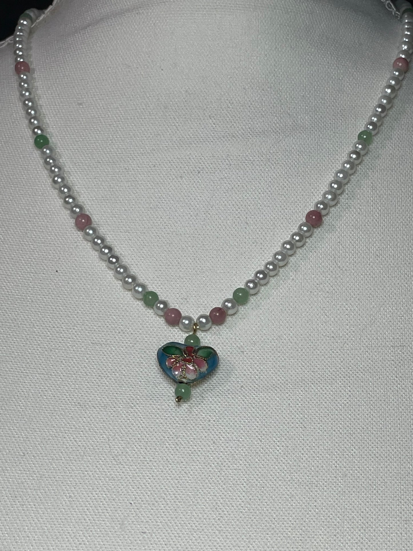 Aventurine, rhodonite, and glass pearls with heart shaped cloisonné dangle