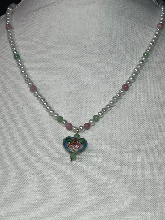Aventurine, rhodonite, and glass pearls with heart shaped cloisonné dangle