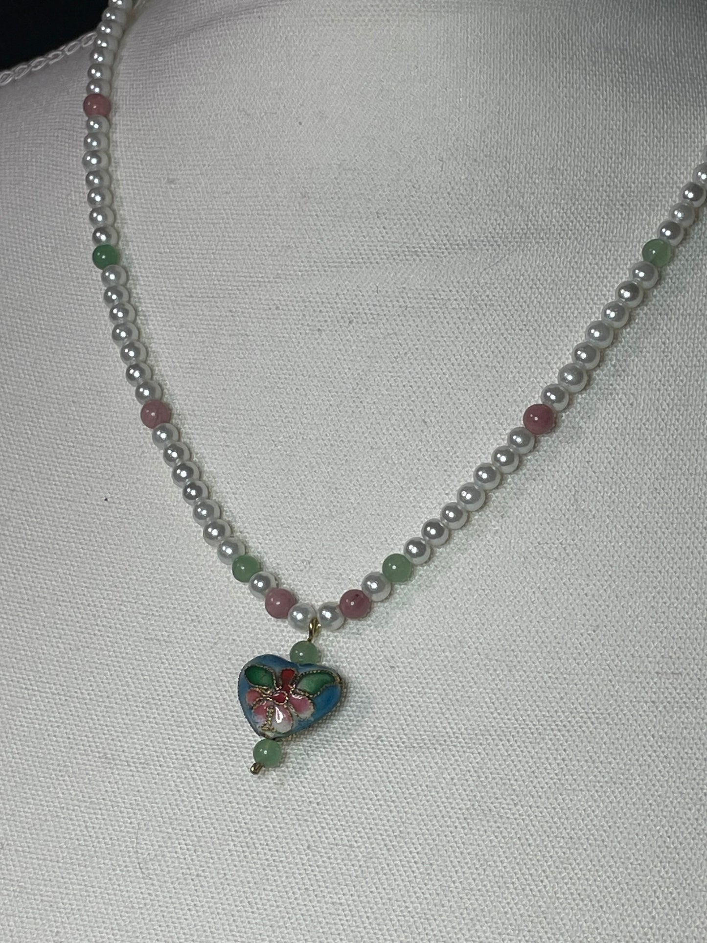Aventurine, rhodonite, and glass pearls with heart shaped cloisonné dangle