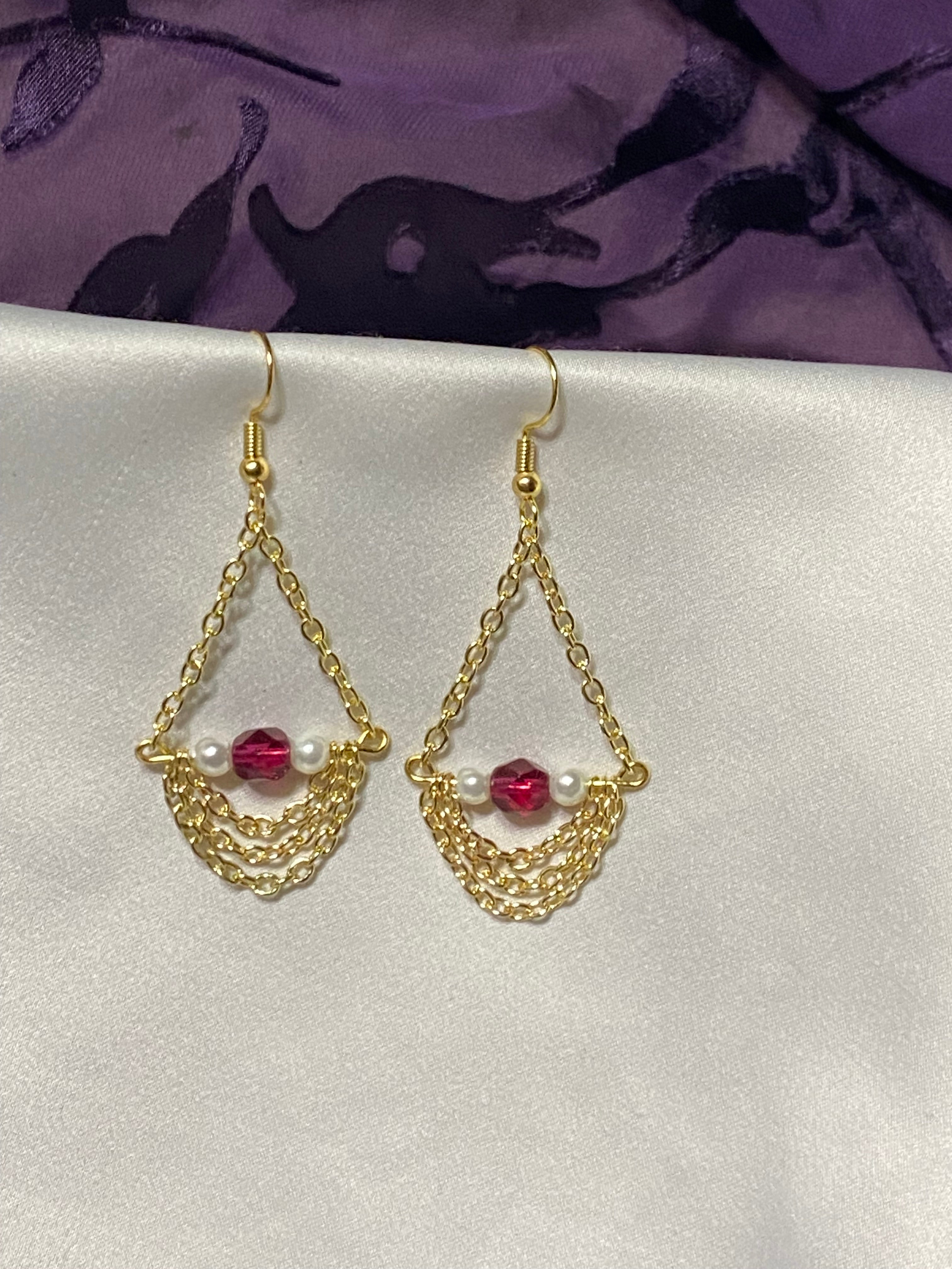 Magenta bead and chain earrings